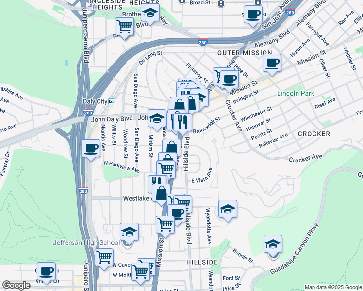 map of restaurants, bars, coffee shops, grocery stores, and more near in Daly City