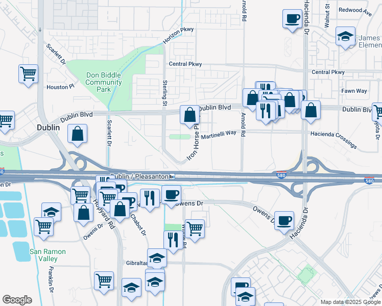 map of restaurants, bars, coffee shops, grocery stores, and more near 5200 Iron Horse Parkway in Dublin