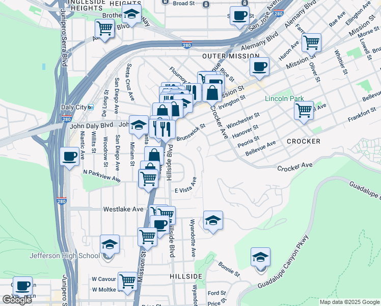 map of restaurants, bars, coffee shops, grocery stores, and more near 100 Chelsea Court in Daly City