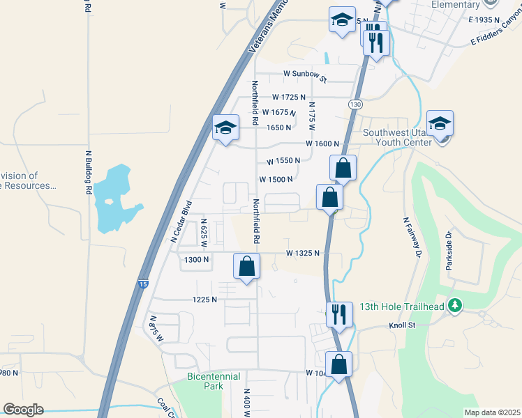 map of restaurants, bars, coffee shops, grocery stores, and more near 1389 Northfield Road in Cedar City