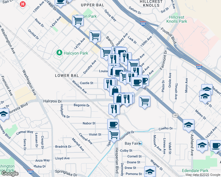 map of restaurants, bars, coffee shops, grocery stores, and more near 1068 Dillo Street in San Leandro