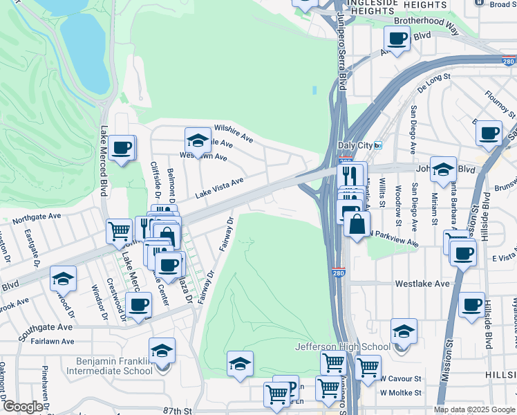 map of restaurants, bars, coffee shops, grocery stores, and more near 25 Mayfair Drive in Daly City