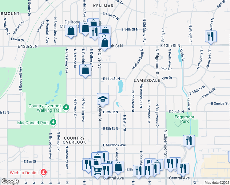 map of restaurants, bars, coffee shops, grocery stores, and more near 1056 North Battin Street in Wichita