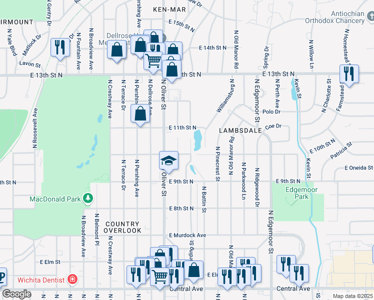 map of restaurants, bars, coffee shops, grocery stores, and more near 1056 North Battin Street in Wichita