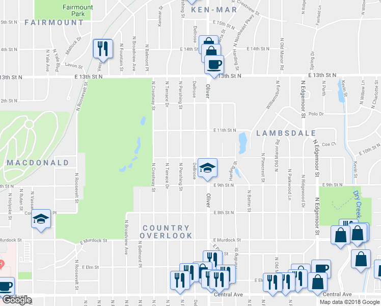 map of restaurants, bars, coffee shops, grocery stores, and more near 1048 North Pershing Street in Wichita