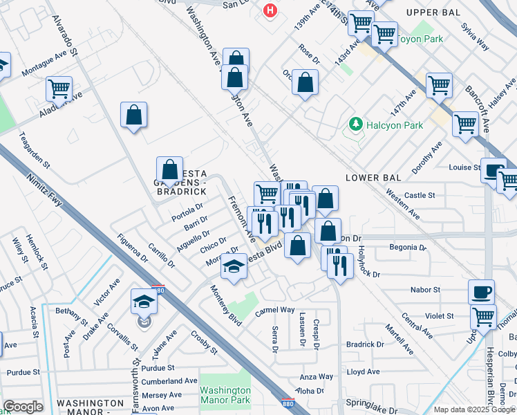 map of restaurants, bars, coffee shops, grocery stores, and more near 520 Monogram Street in San Leandro