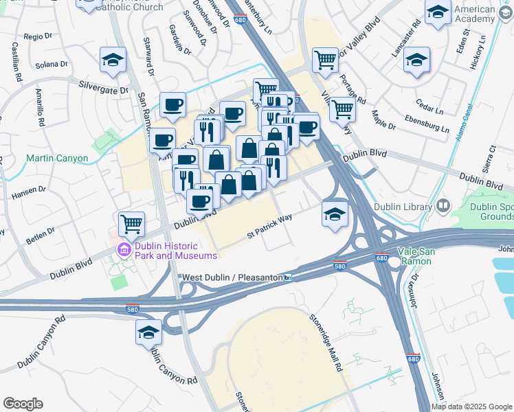 map of restaurants, bars, coffee shops, grocery stores, and more near 7601-7887 Dublin Boulevard in Dublin