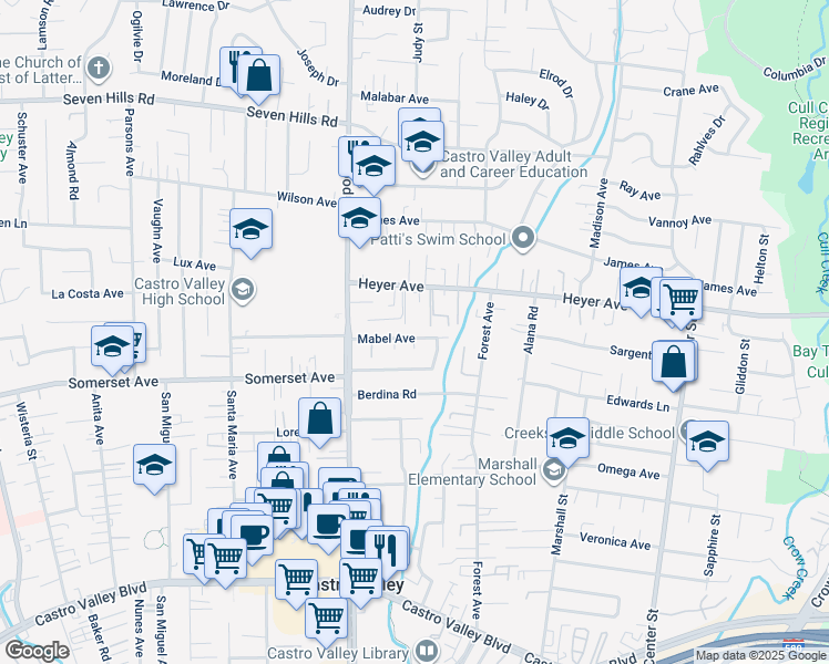 map of restaurants, bars, coffee shops, grocery stores, and more near 19486 Xenie Court in Castro Valley