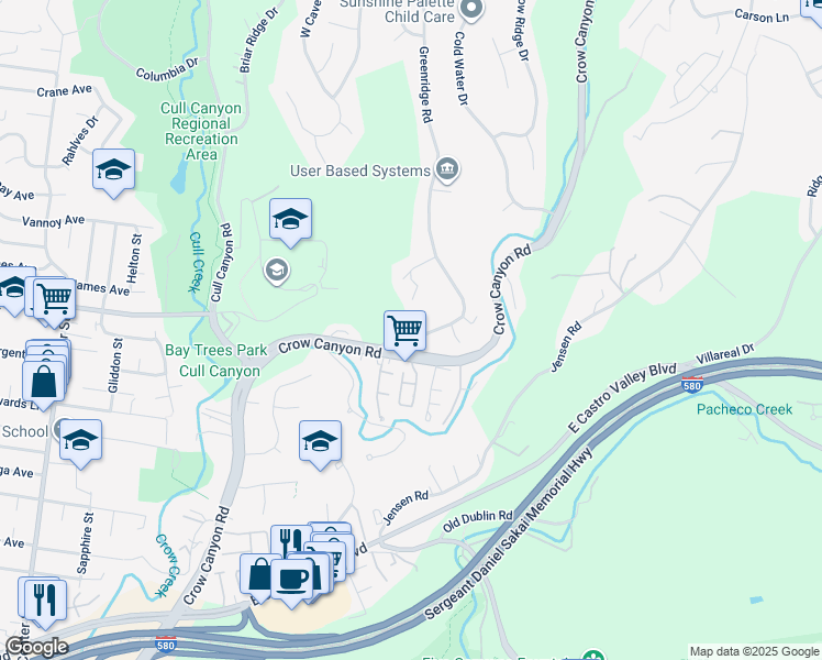 map of restaurants, bars, coffee shops, grocery stores, and more near Greenridge Court in Castro Valley