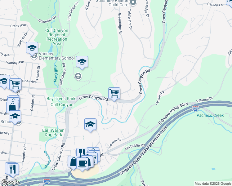 map of restaurants, bars, coffee shops, grocery stores, and more near 5293 Crown Court in Castro Valley
