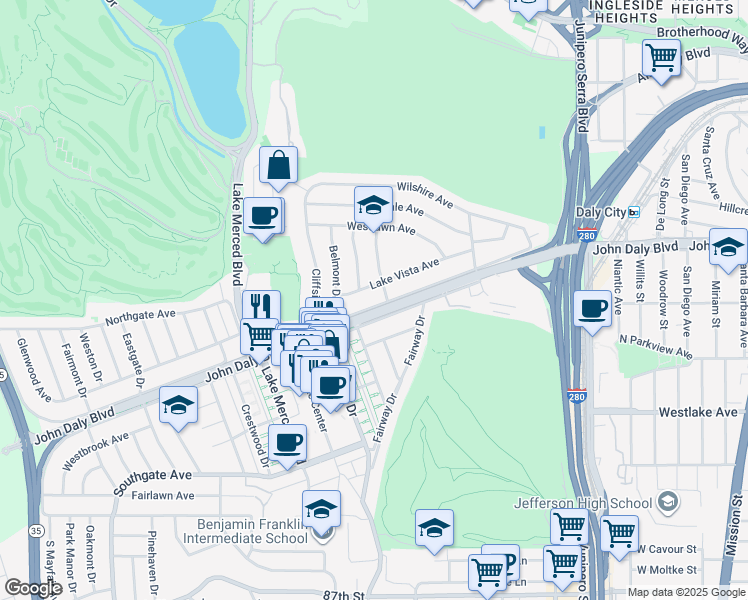 map of restaurants, bars, coffee shops, grocery stores, and more near 212 North Mayfair Avenue in Daly City
