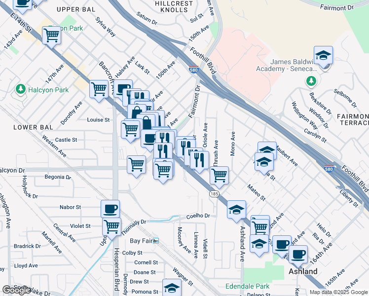 map of restaurants, bars, coffee shops, grocery stores, and more near 1469 156th Avenue in San Leandro
