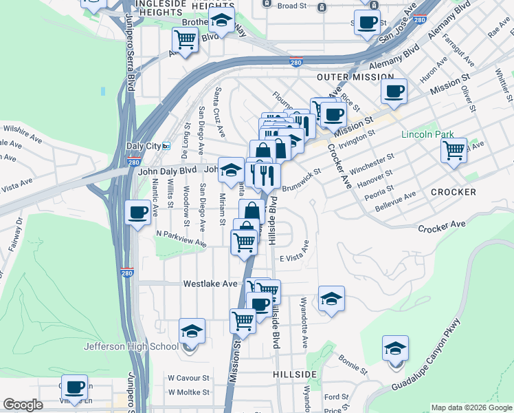 map of restaurants, bars, coffee shops, grocery stores, and more near 2 Vista Grande Avenue in Daly City