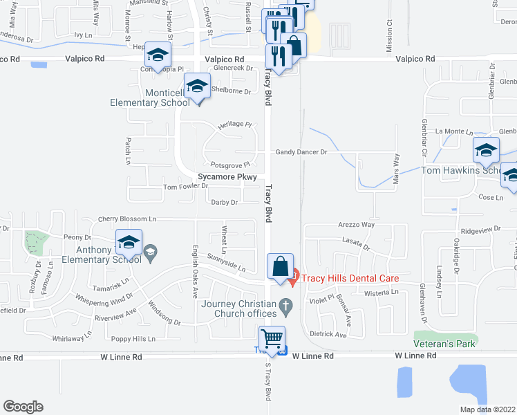 map of restaurants, bars, coffee shops, grocery stores, and more near 722 Darby Court in Tracy
