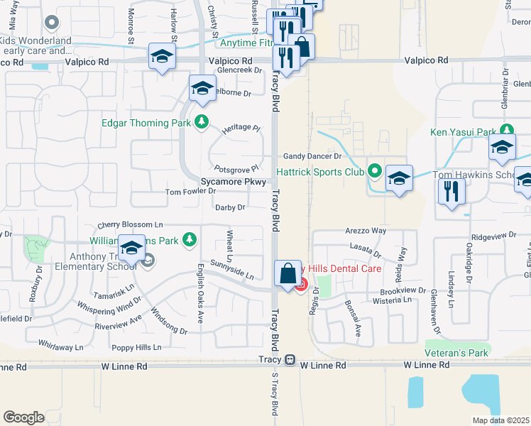 map of restaurants, bars, coffee shops, grocery stores, and more near 722 Darby Court in Tracy
