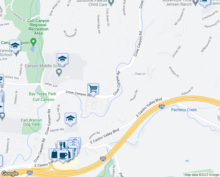 map of restaurants, bars, coffee shops, grocery stores, and more near 5323 Greenridge Road in Castro Valley