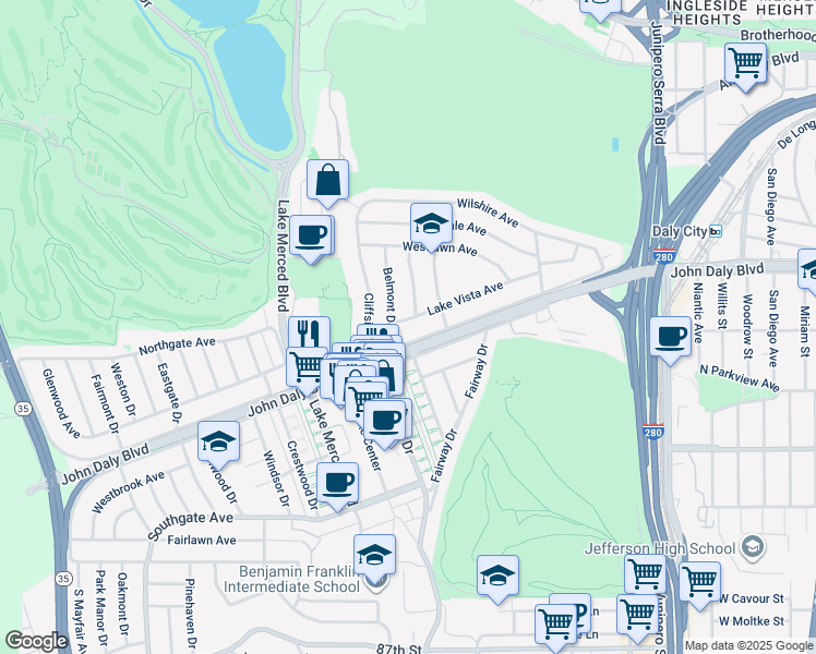 map of restaurants, bars, coffee shops, grocery stores, and more near 169 Lake Vista Avenue in Daly City