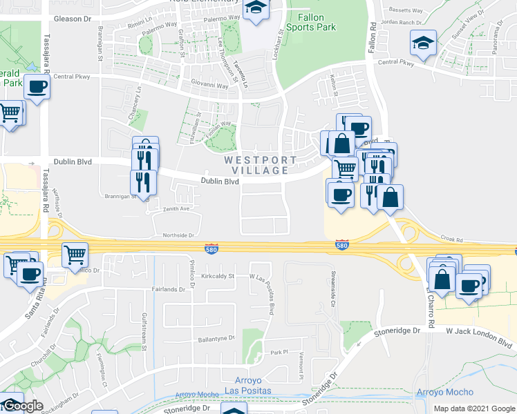 map of restaurants, bars, coffee shops, grocery stores, and more near 3100 Dublin Boulevard in Dublin