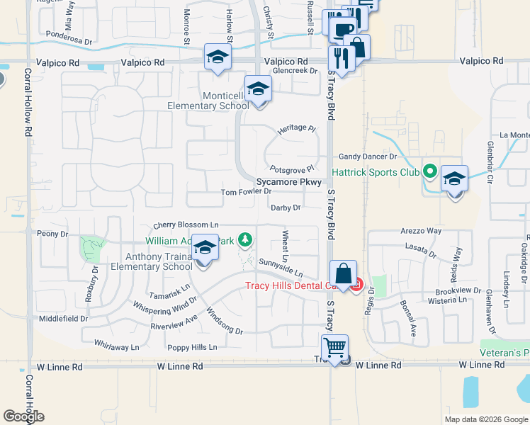 map of restaurants, bars, coffee shops, grocery stores, and more near 3741 Norfolk Drive in Tracy
