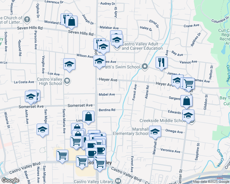 map of restaurants, bars, coffee shops, grocery stores, and more near 19486 Xenie Court in Castro Valley