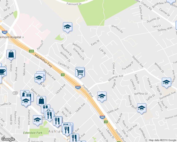 map of restaurants, bars, coffee shops, grocery stores, and more near 2166 San Remo Court in San Leandro