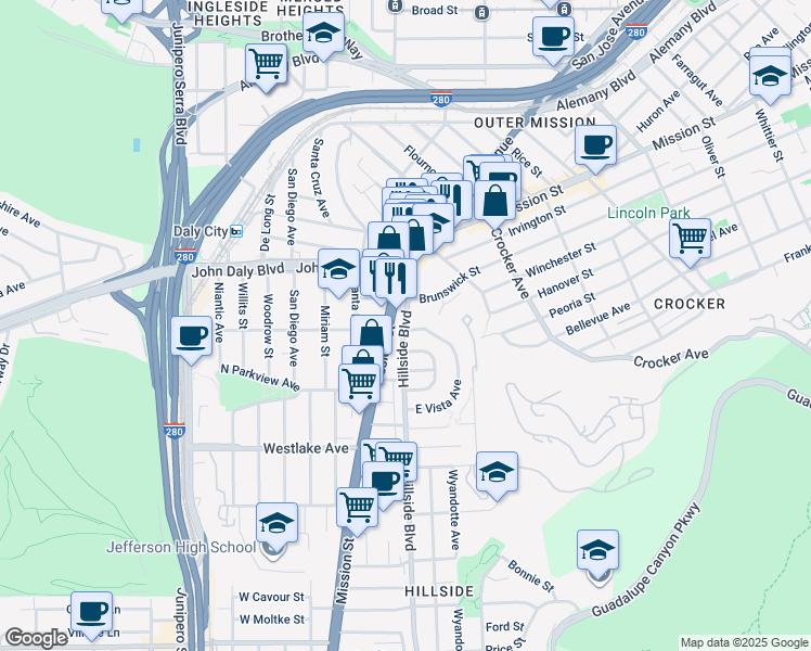 map of restaurants, bars, coffee shops, grocery stores, and more near 1399 Brunswick Street in Daly City