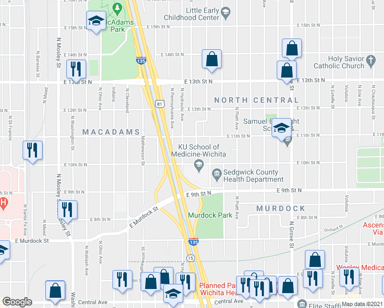 map of restaurants, bars, coffee shops, grocery stores, and more near 1701 East 11th Street North in Wichita