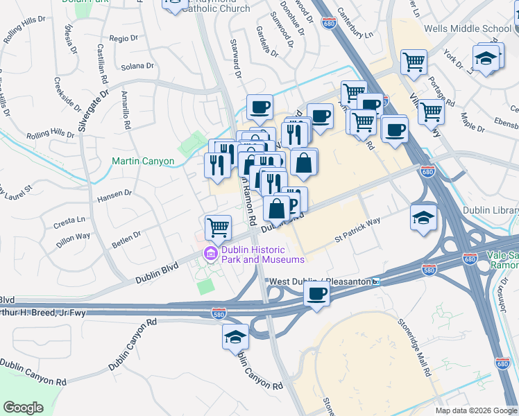 map of restaurants, bars, coffee shops, grocery stores, and more near 7168 Regional Street in Dublin