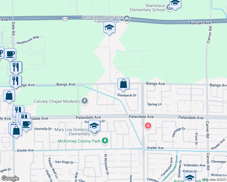 map of restaurants, bars, coffee shops, grocery stores, and more near 4305 Lighthouse Avenue in Modesto