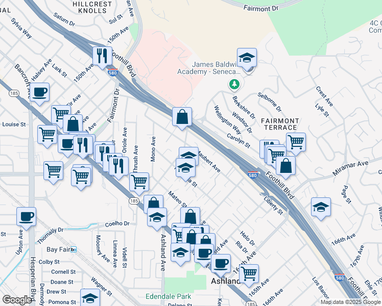 map of restaurants, bars, coffee shops, grocery stores, and more near 15925 Maubert Avenue in San Leandro