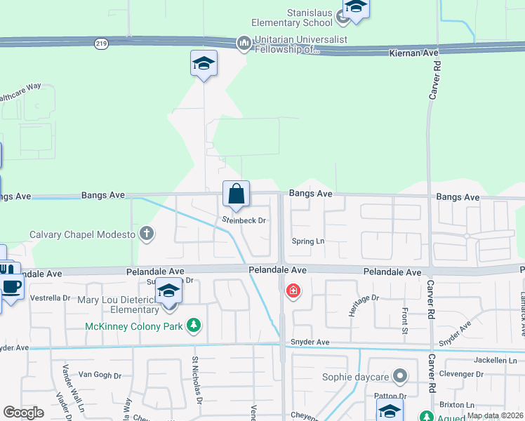 map of restaurants, bars, coffee shops, grocery stores, and more near 4308 Cooper Place in Modesto