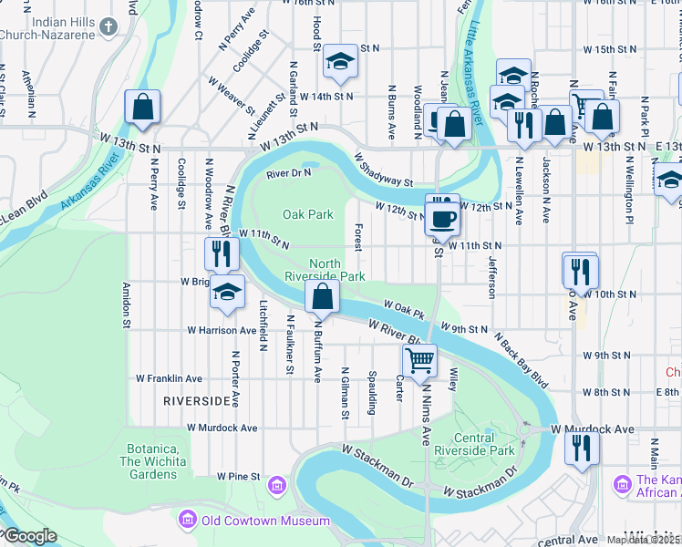 map of restaurants, bars, coffee shops, grocery stores, and more near 900 Bitting Street in Wichita