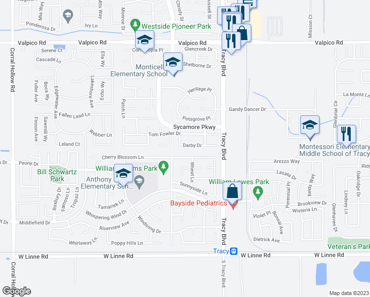 map of restaurants, bars, coffee shops, grocery stores, and more near 992 Darby Drive in Tracy