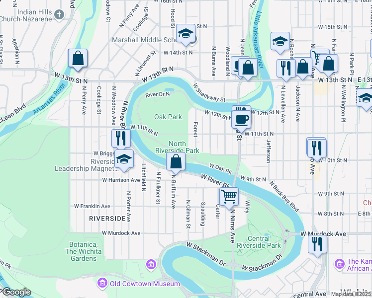 map of restaurants, bars, coffee shops, grocery stores, and more near 900 Bitting Street in Wichita