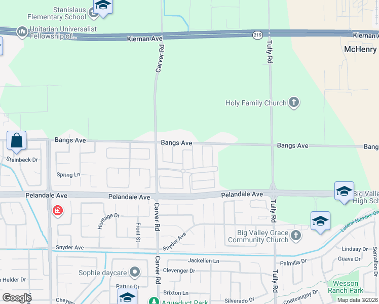 map of restaurants, bars, coffee shops, grocery stores, and more near 1609 Bangs Avenue in Modesto