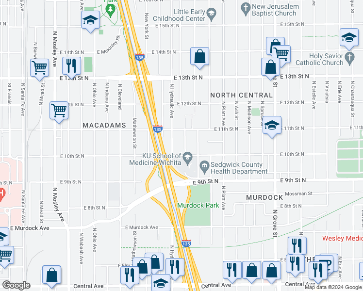 map of restaurants, bars, coffee shops, grocery stores, and more near 1125 North Kansas Street in Wichita