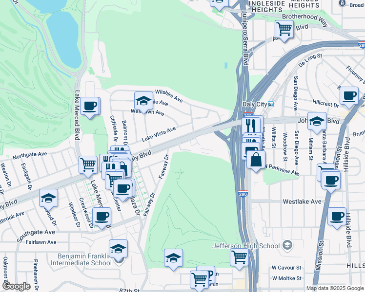 map of restaurants, bars, coffee shops, grocery stores, and more near 115 South Mayfair Avenue in Daly City
