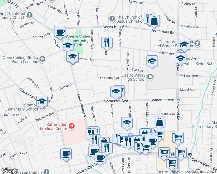 map of restaurants, bars, coffee shops, grocery stores, and more near 3667 La Costa Avenue in Castro Valley