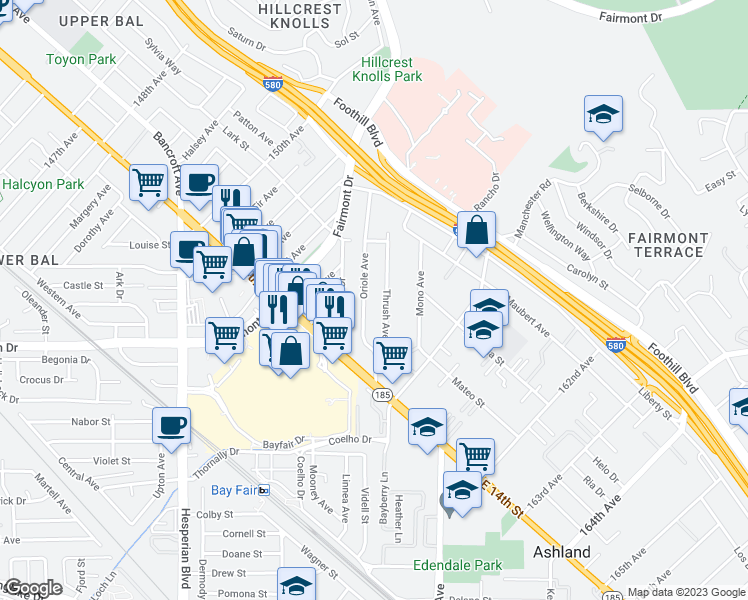 map of restaurants, bars, coffee shops, grocery stores, and more near 1588 Oriole Avenue in San Leandro