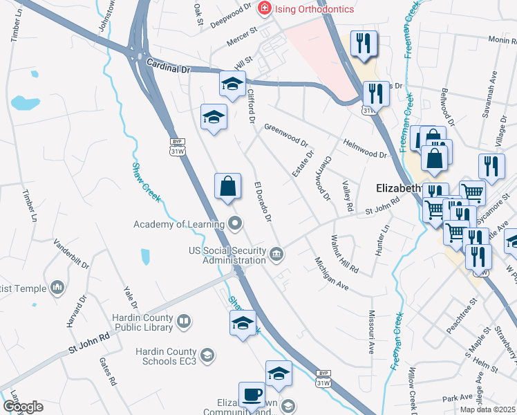 map of restaurants, bars, coffee shops, grocery stores, and more near 616 El Dorado Drive in Elizabethtown