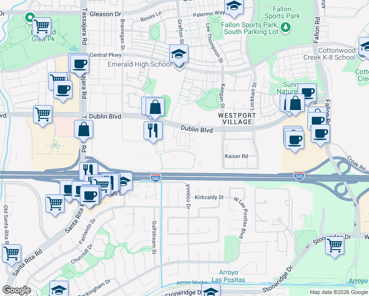 map of restaurants, bars, coffee shops, grocery stores, and more near 3395 Zenith Ave in Dublin