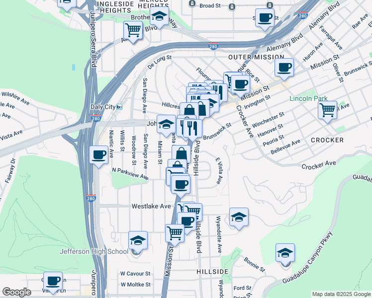 map of restaurants, bars, coffee shops, grocery stores, and more near 6500 Mission Street in Daly City
