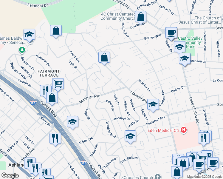 map of restaurants, bars, coffee shops, grocery stores, and more near 2592 Miramar Avenue in Castro Valley