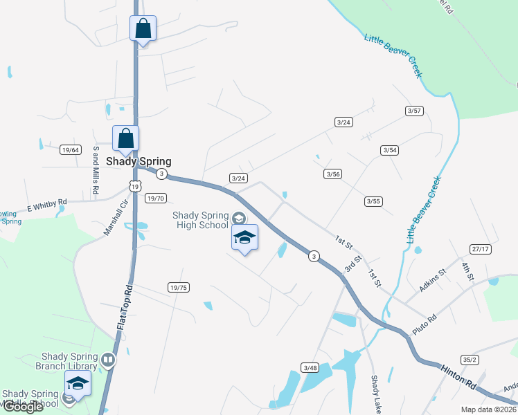 map of restaurants, bars, coffee shops, grocery stores, and more near 309 Hinton Road in Shady Spring