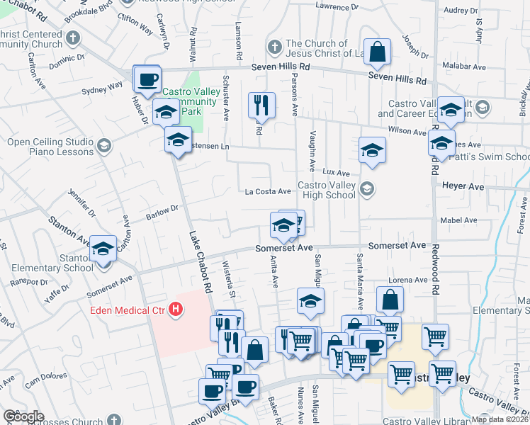 map of restaurants, bars, coffee shops, grocery stores, and more near 3667 La Costa Avenue in Castro Valley