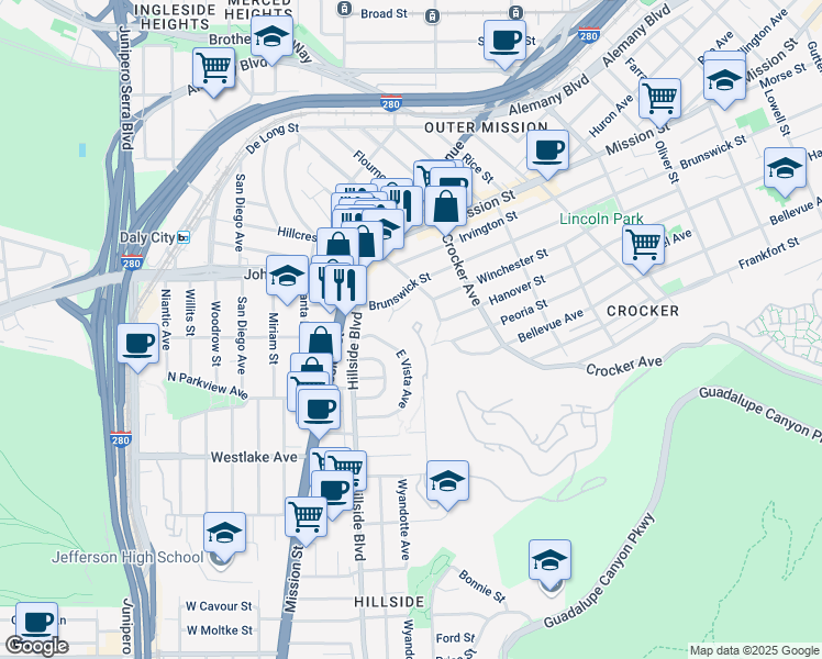 map of restaurants, bars, coffee shops, grocery stores, and more near 1329A Brunswick Street in Daly City