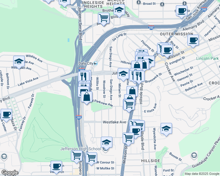 map of restaurants, bars, coffee shops, grocery stores, and more near 51 Woodrow Street in Daly City