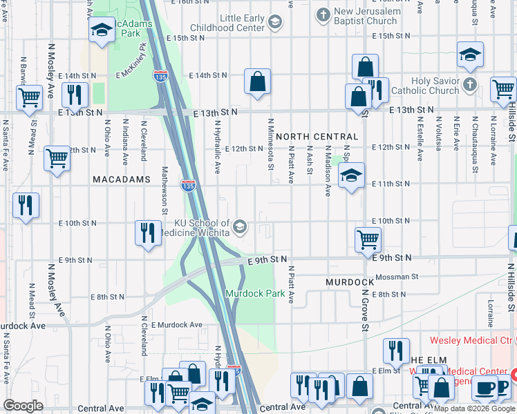 map of restaurants, bars, coffee shops, grocery stores, and more near 1145 North Minneapolis Street in Wichita