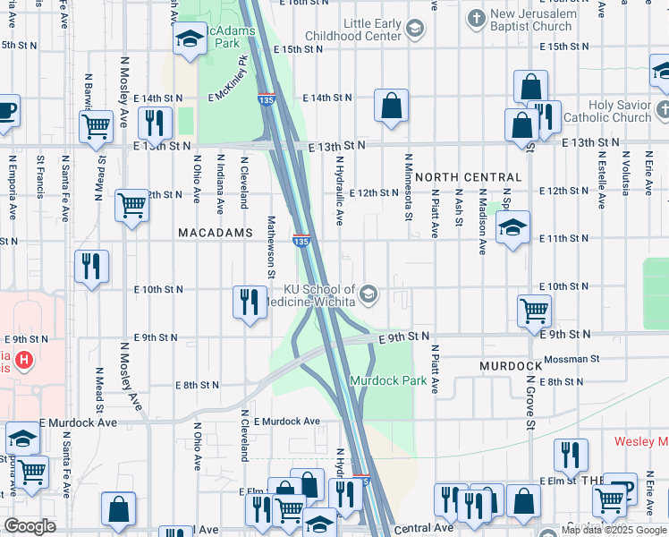 map of restaurants, bars, coffee shops, grocery stores, and more near 1701 East 11th Street North in Wichita
