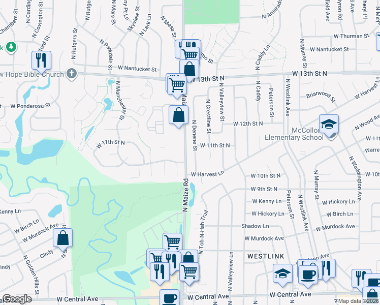 map of restaurants, bars, coffee shops, grocery stores, and more near 1118-1398 North Maize Road in Wichita